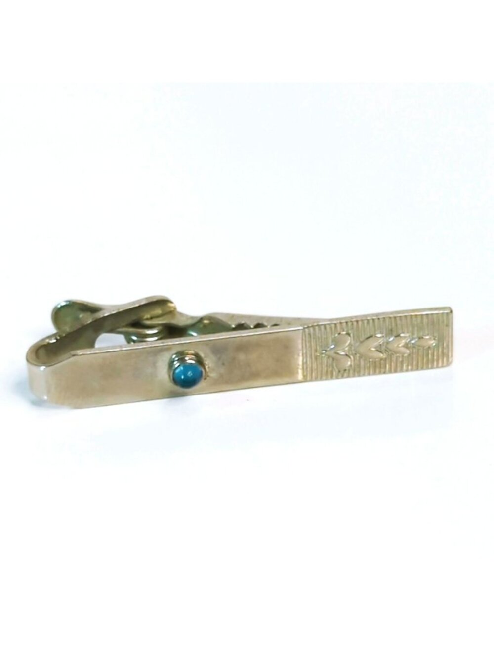 Vintage Silver Tone Tie Bar Blue Cabochon Leaf Engraved Mid Century Mens